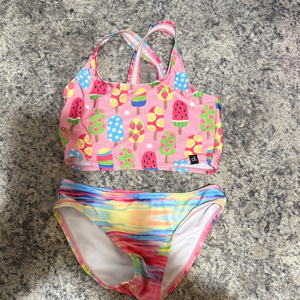 Deux par Deux Pink and Multicolor Fruit Print Swimsuit . Size 7/8